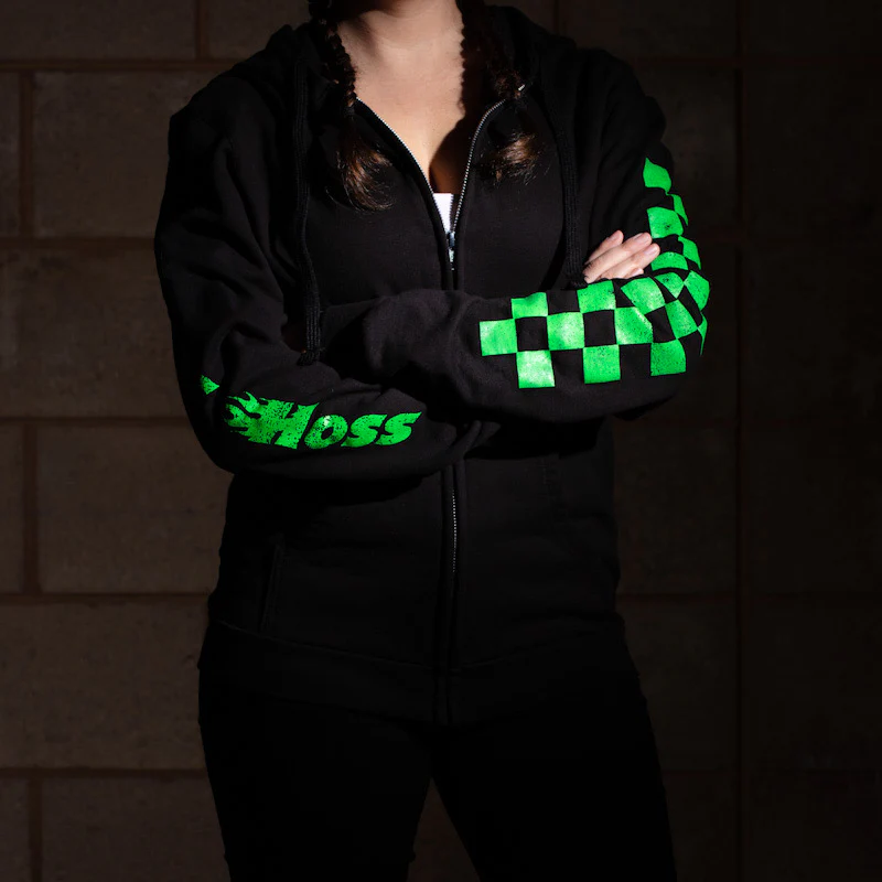 Black w/ Neon Green Checkered Flag Flaming Finish Zipper Sweatshirt - Image 6