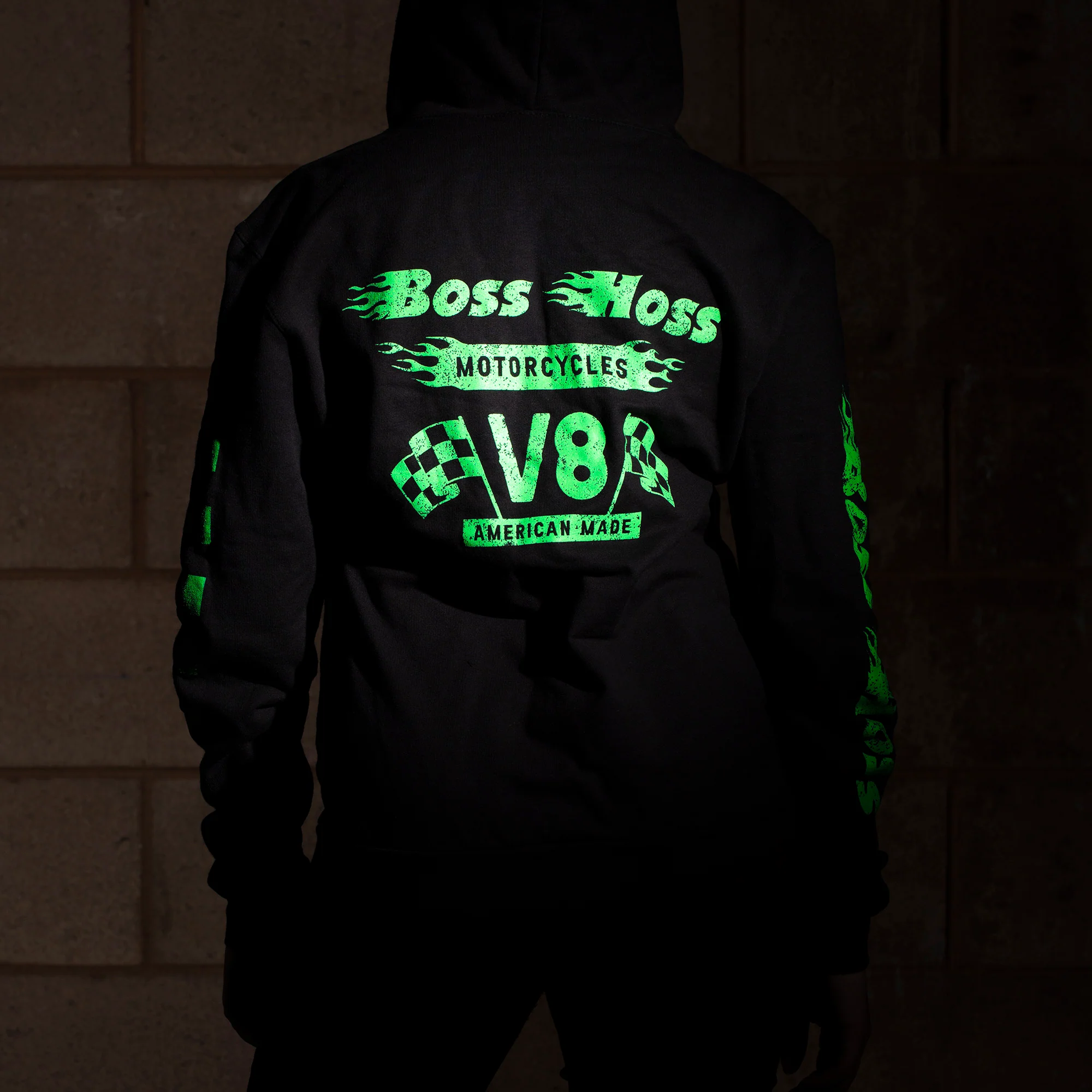 Black w/ Neon Green Checkered Flag Flaming Finish Zipper Sweatshirt - Image 7