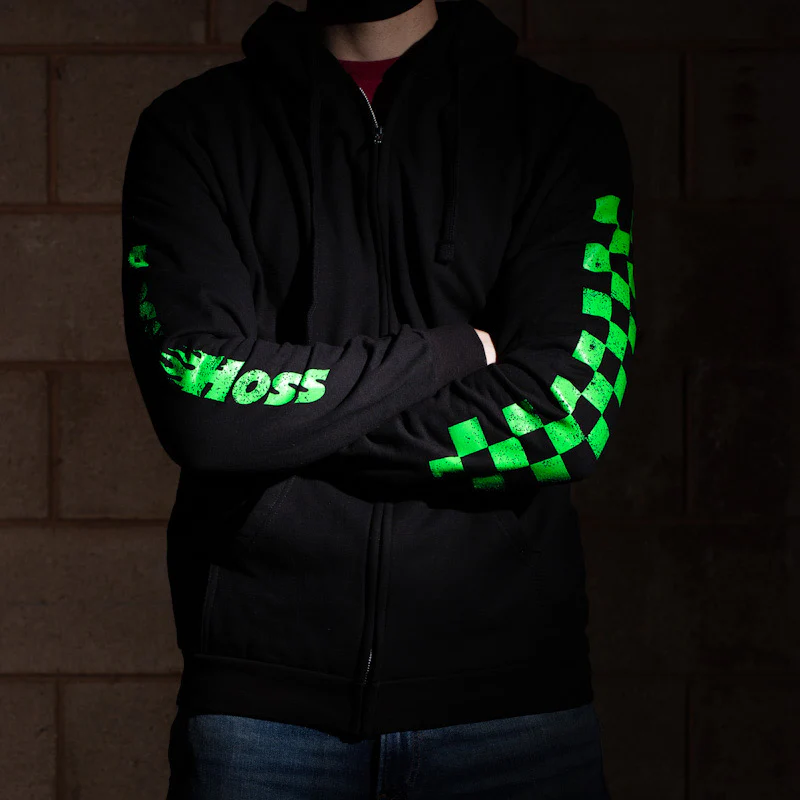 Black w/ Neon Green Checkered Flag Flaming Finish Zipper Sweatshirt - Image 8