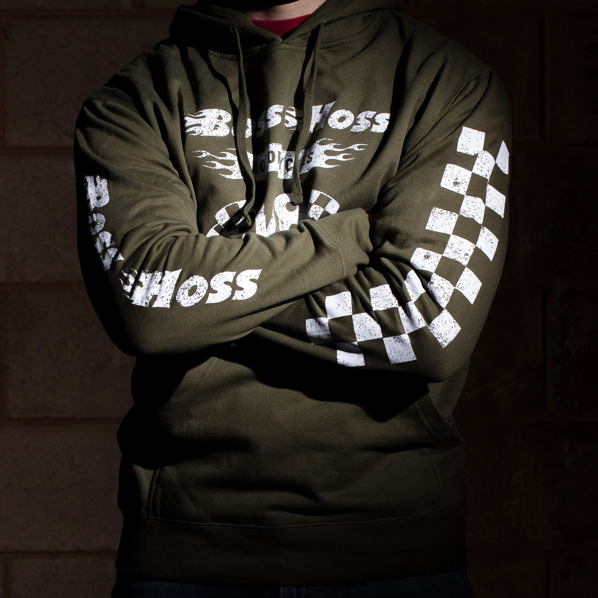 Olive Green Checkered Flag Flaming Finish Pullover Sweatshirt Hoodie - Image 6