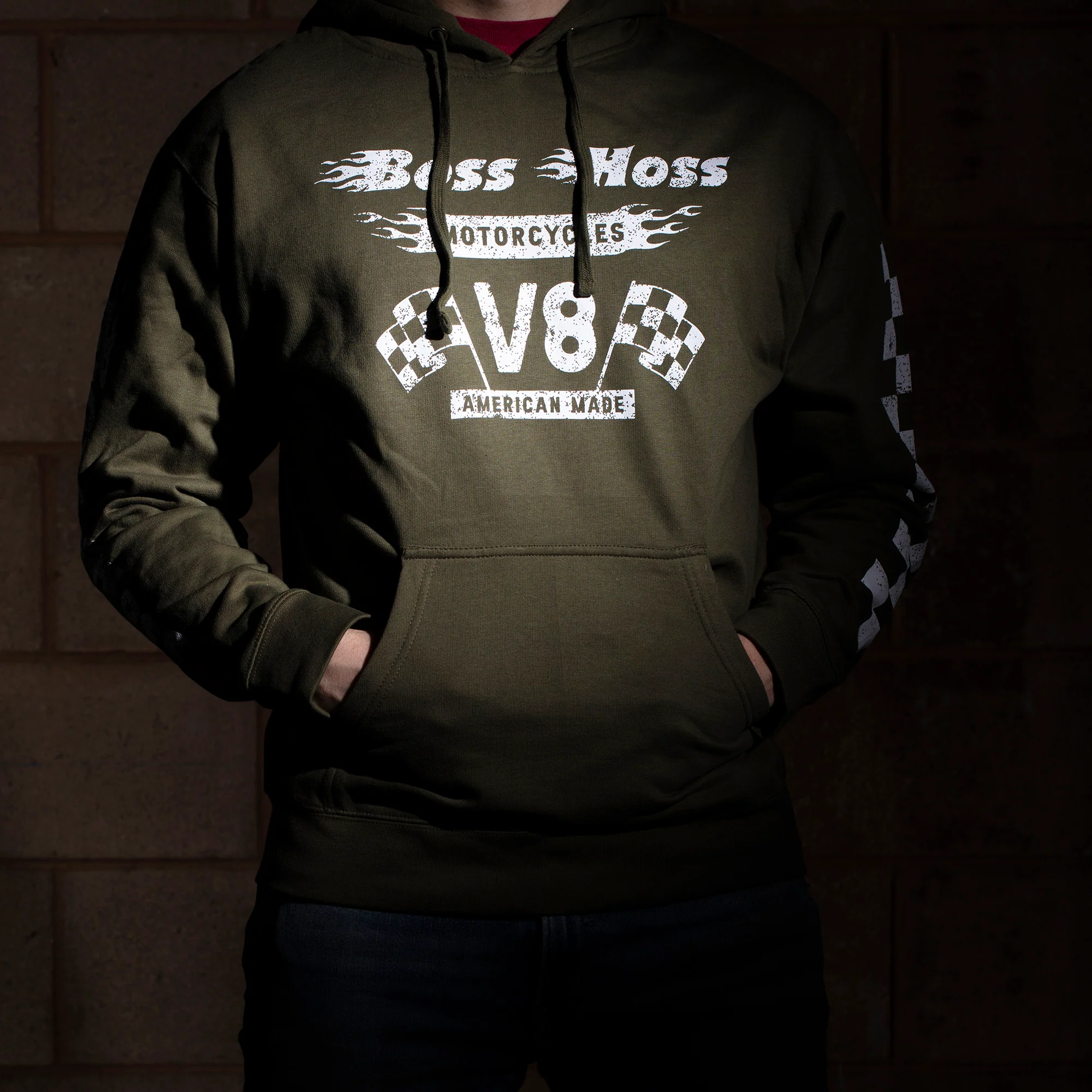 Olive Green Checkered Flag Flaming Finish Pullover Sweatshirt Hoodie - Image 7